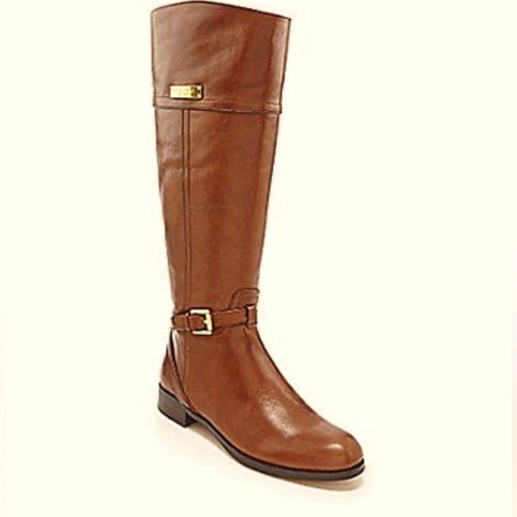Coach Micha Cheatnut Brown Leather Buckle Riding Boots Size 5.5 Wide Calf - Picture 1 of 10